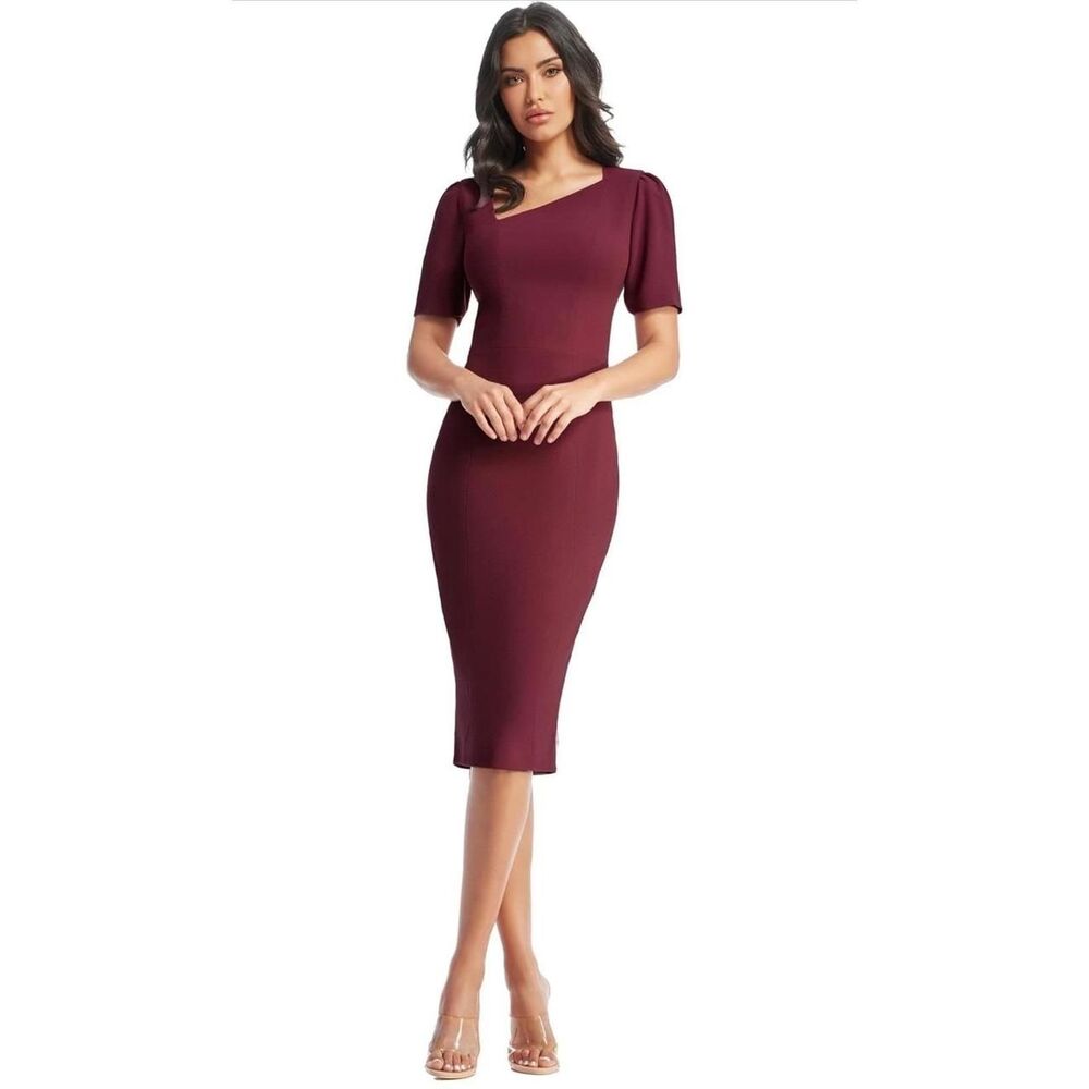 New Dress the Population Ruth Burgundy Asymmetrical Neckline Sheath Midi Dress S